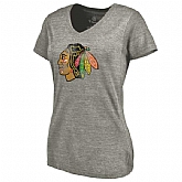 Women's Chicago Blackhawks Distressed Team Logo Tri Blend V Neck T-Shirt Ash FengYun,baseball caps,new era cap wholesale,wholesale hats